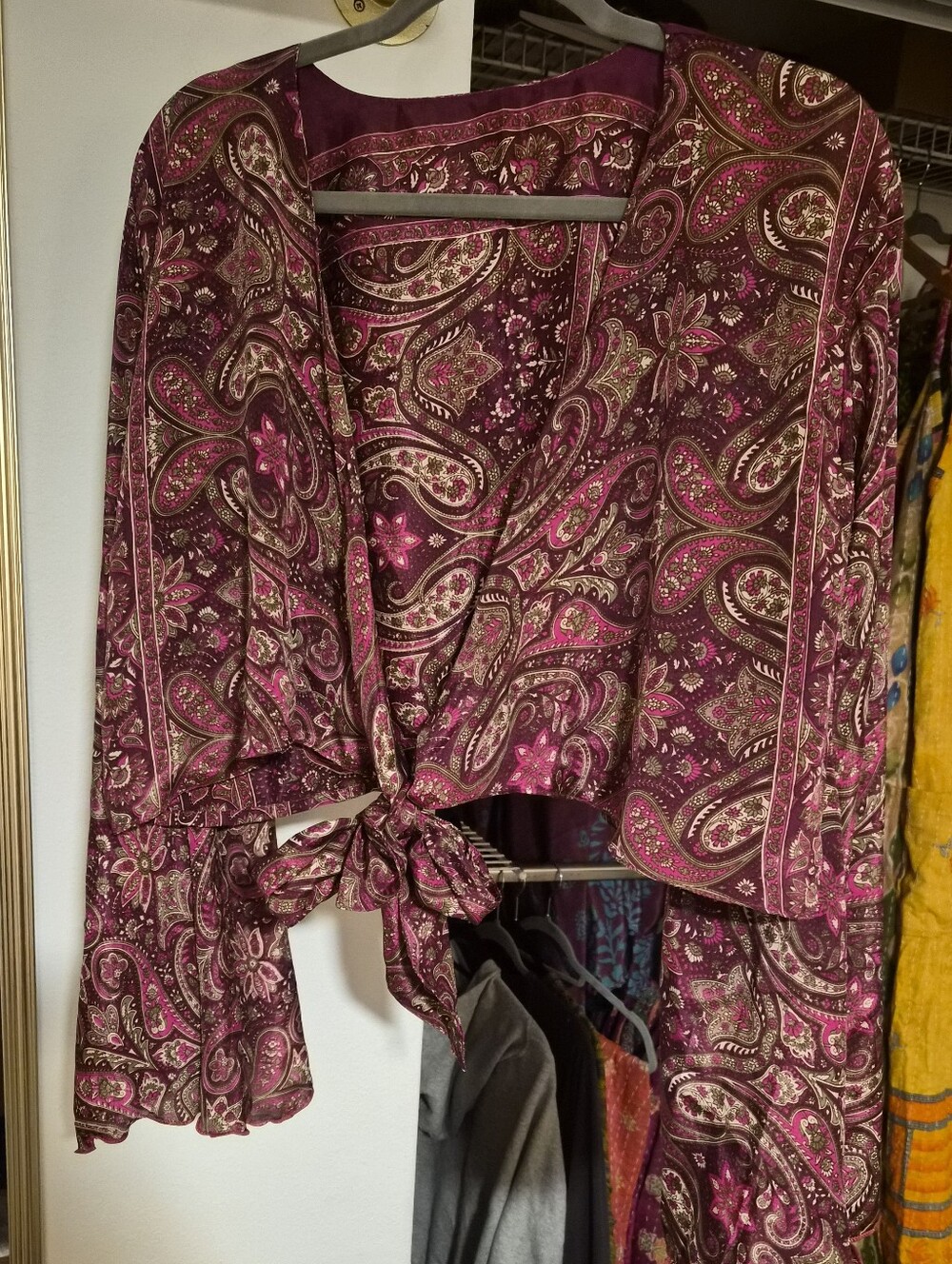 Women's Indian Silk Pink And Burgundy Paisley Wrap Top